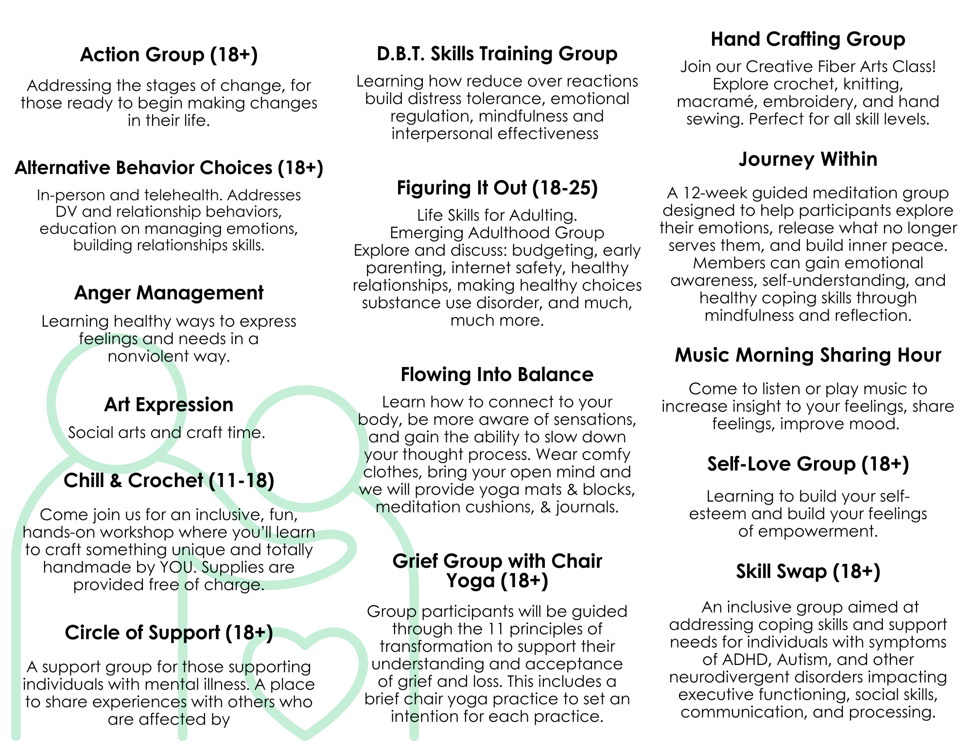 A list of therapy groups offered.