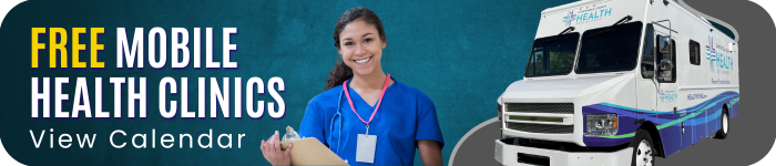 Image of Mobile Health Vehicle and nurse and text highlighting Free Mobile Health Clinics - click to view calendar