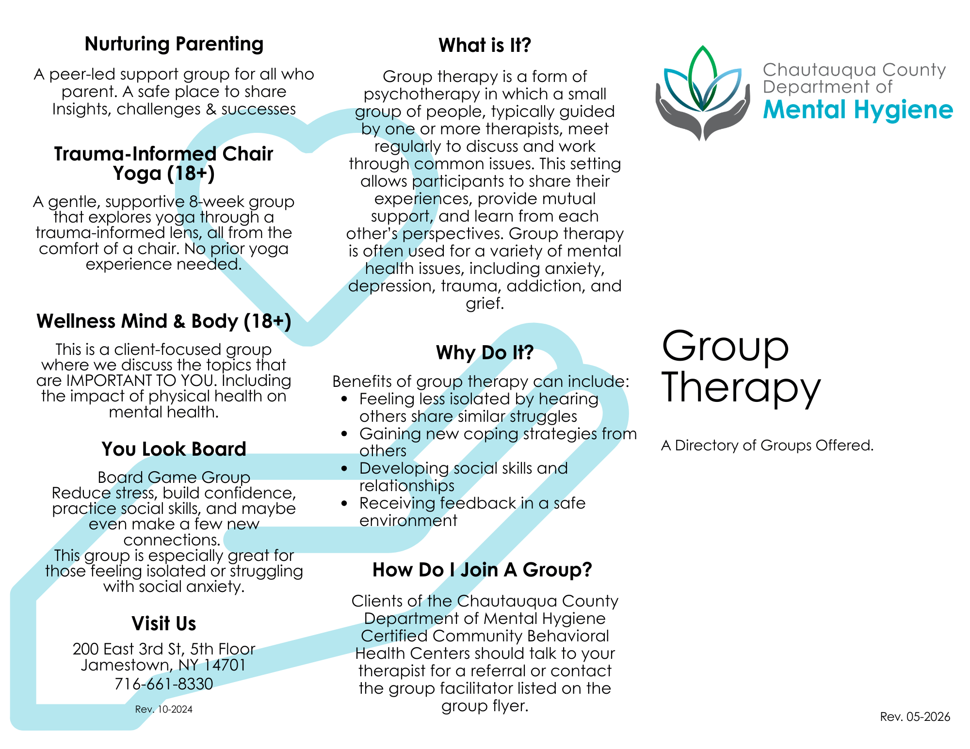 A list of therapy groups offered.