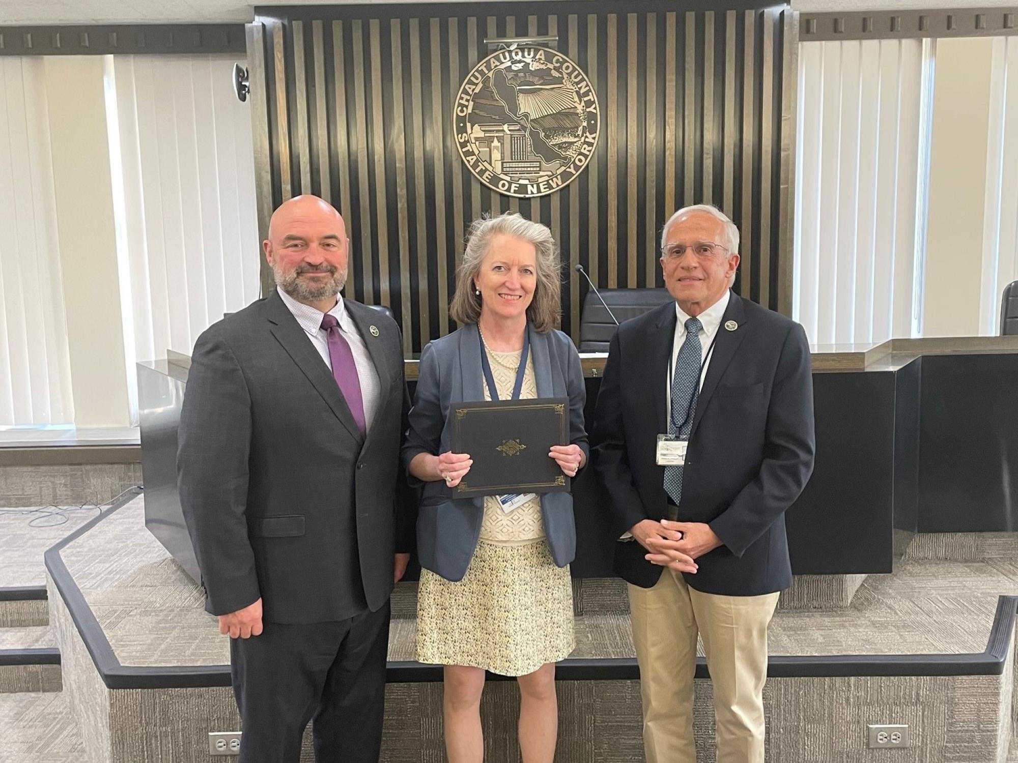 Pictured above from left, PJ Wendel Chautauqua County Executive, Kathleen Dennison, Chautauqua County Budget Director, and Pierre Chagnon Chairmen Chautauqua County Legislature.