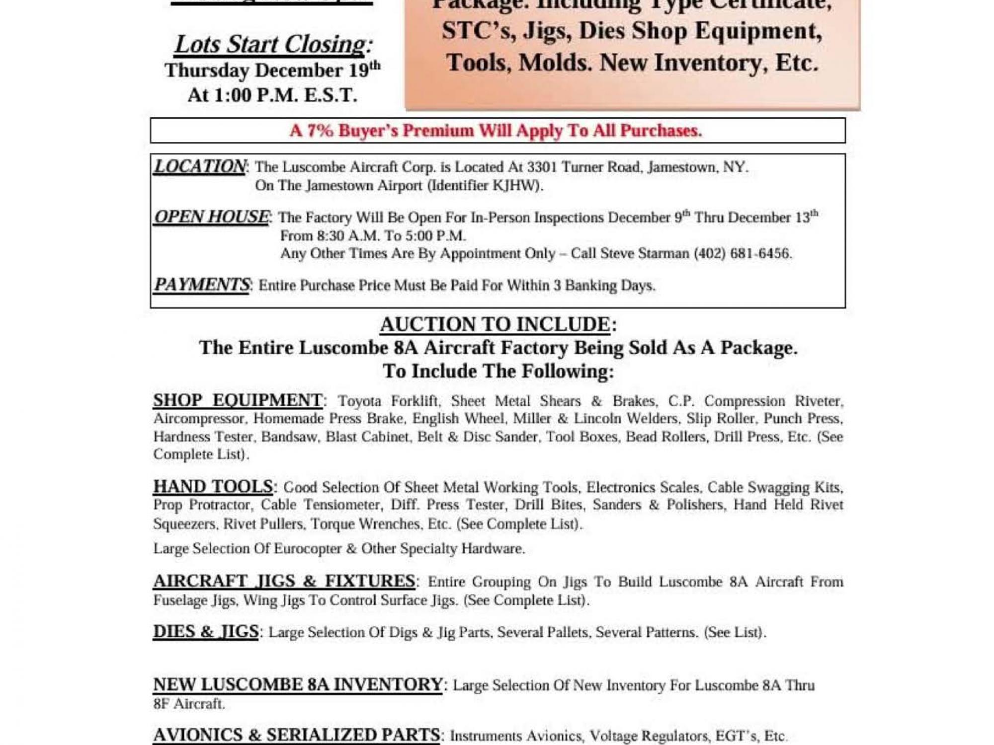 Luscombe Aircraft Corporation Aviation Factory Auction