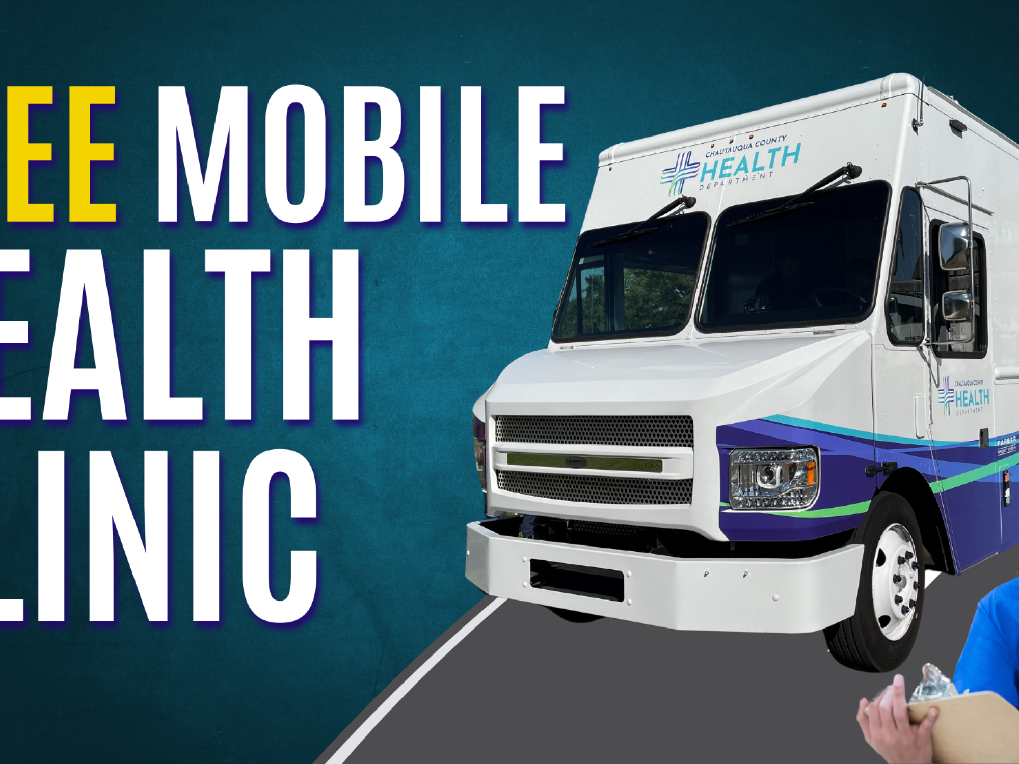 free mobile health clinic with nurse holding a clipboard and the mobile health vehicle in the background