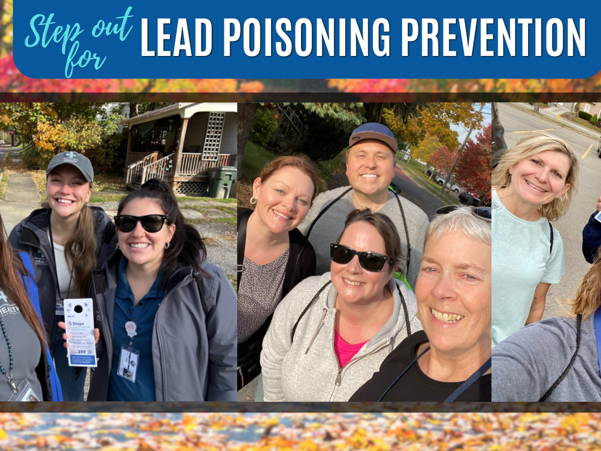 Chautauqua County Staff and Partners handing out lead prevention door hangers under a banner labeled Step Out For Lead Poisoning Prevention week