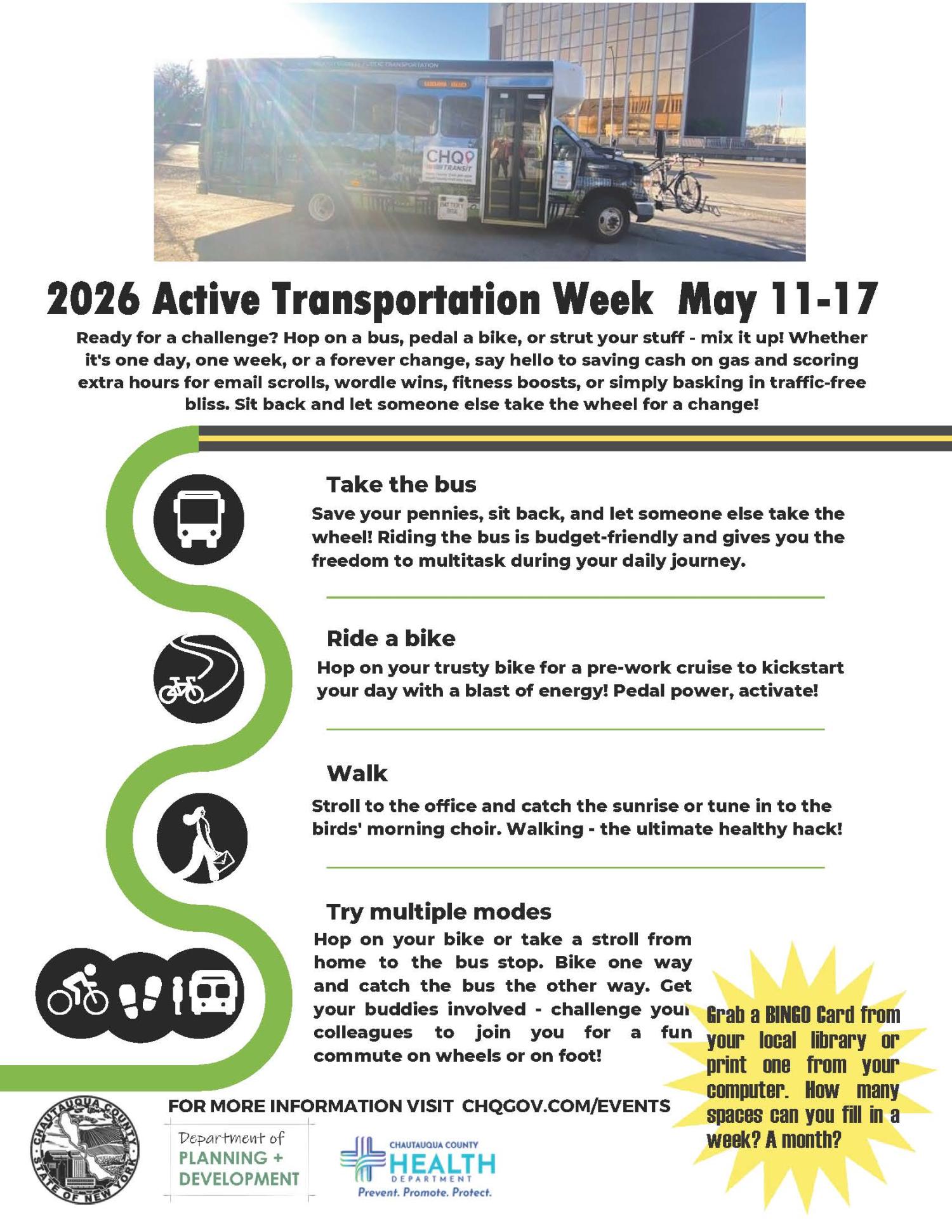 Active Transportation week May 11-17 featuring an image of a CHQ Transit Bus