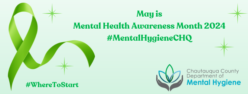 Mental Health Awareness Month 2024 on a green background with a green ribbon. Featured with logo