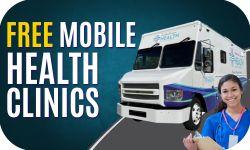Photo link to the Mobile Health Vehicle calendar featuring an image of a nurse holding a clipboard with the Mobile Health Vehicle behind her. 