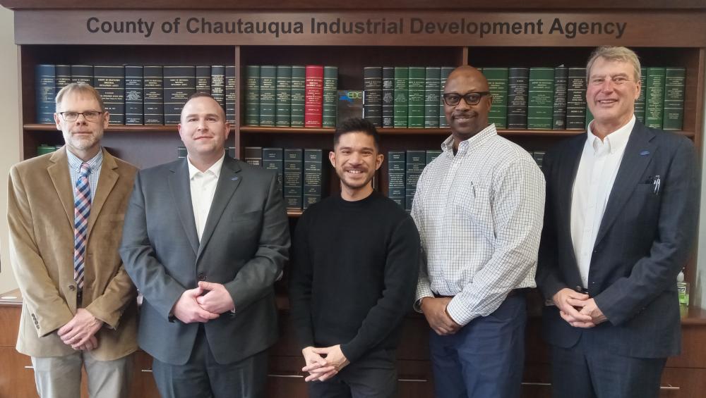 Representatives from the Ralph C. Wilson, Jr. Foundation were in Chautauqua County Tuesday, Jan. 23, 2024 to learn more about the CCPEG projects funded through the foundation, as presented in the 2023 CCIDA/CREDC annual report. From left to right: Gary Henry, CCIDA/CREDC board president; Nathan Aldrich, Chautauqua County economic development coordinator and CCPEG manager; Eric Phamdo, Wilson Foundation Program Officer; Paul Riser, Wilson Foundation program officer; and Mark Geise, deputy county executive for economic development, CCIDA/CREDC CEO, and CCPEG founder and advisory board co-chair.